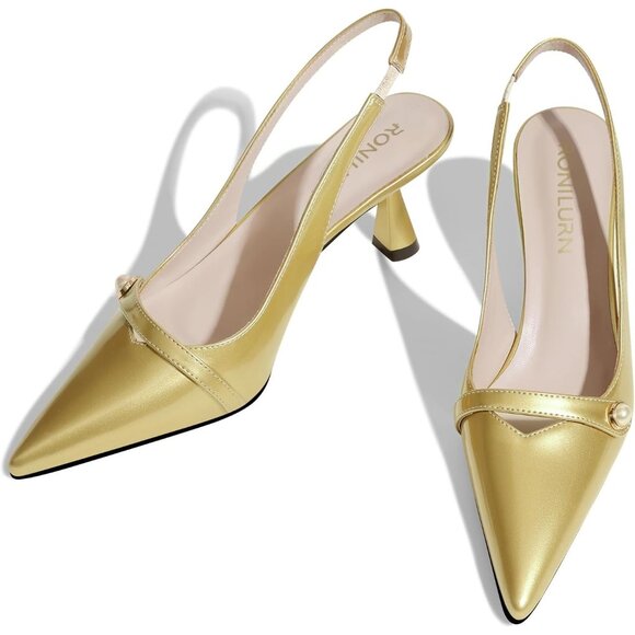 Women Kitten Heels Slingback Low Heel Pumps Dress Shoes Closed Pointed Toe Gold - Picture 4 of 6